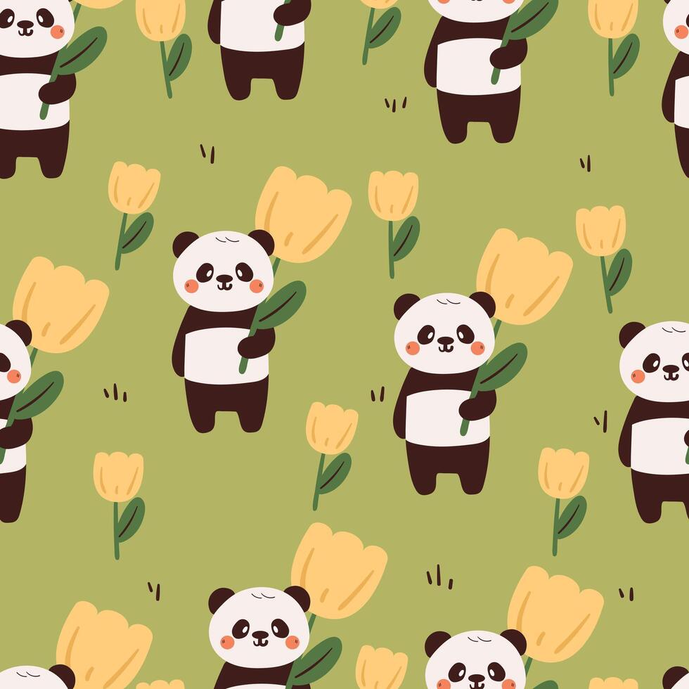 seamless pattern cute cartoon panda with yellow tulip. cute animal drawing for wallpaper, pattern, background vector