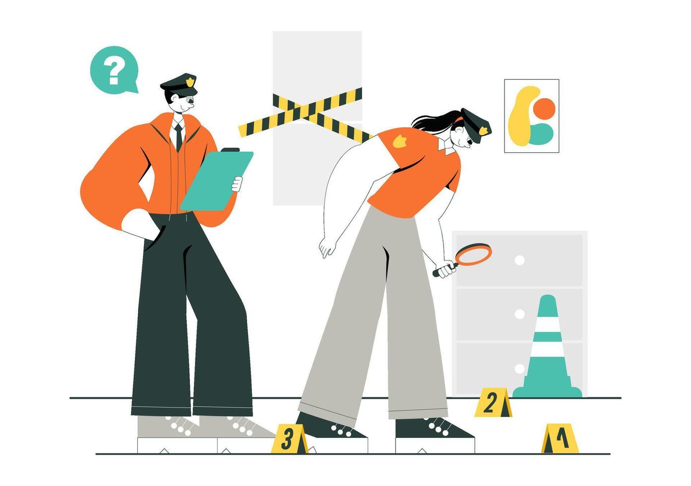 Crime Scene Investigation Illustration with Detectives and Paramedics Analyzing a Crime Incident vector