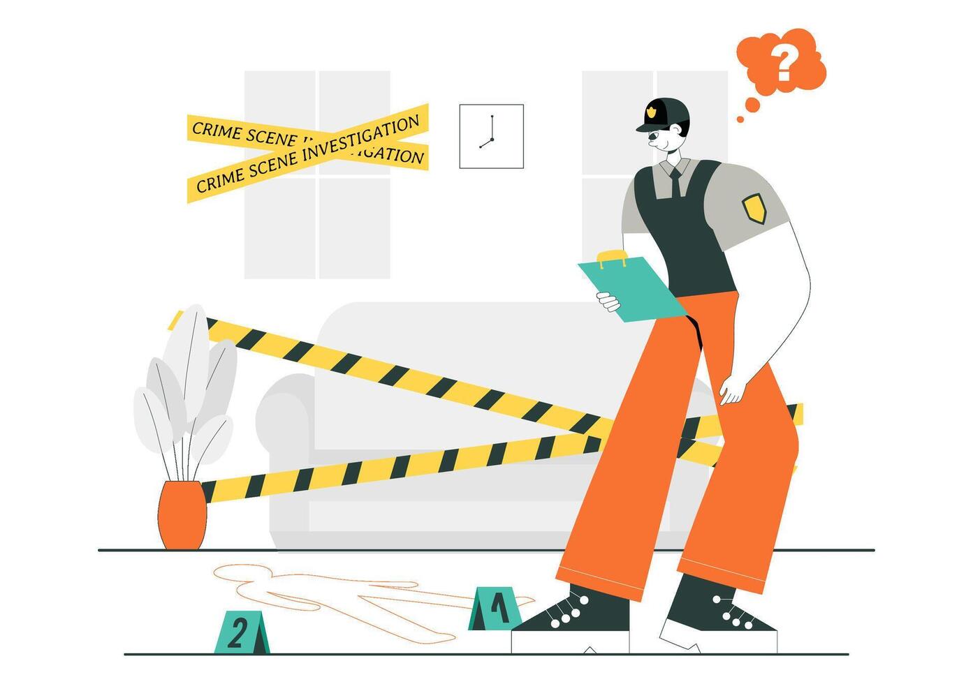Crime Scene Forensic Investigation Illustration Depicting Evidence Collection and Victim Examination vector