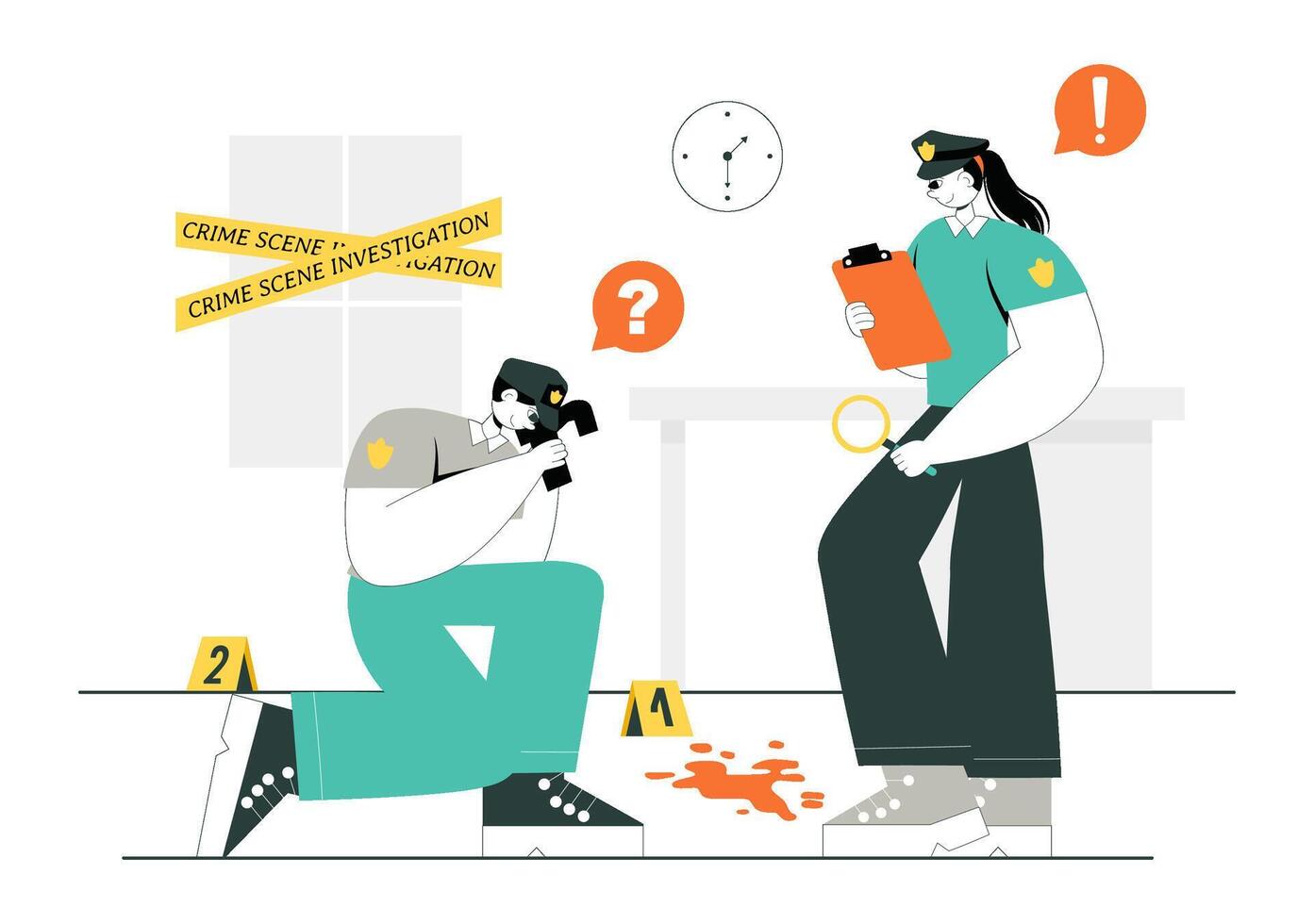 Crime Scene Forensics Illustration Featuring Investigators and Medical Staff Collecting Evidence vector