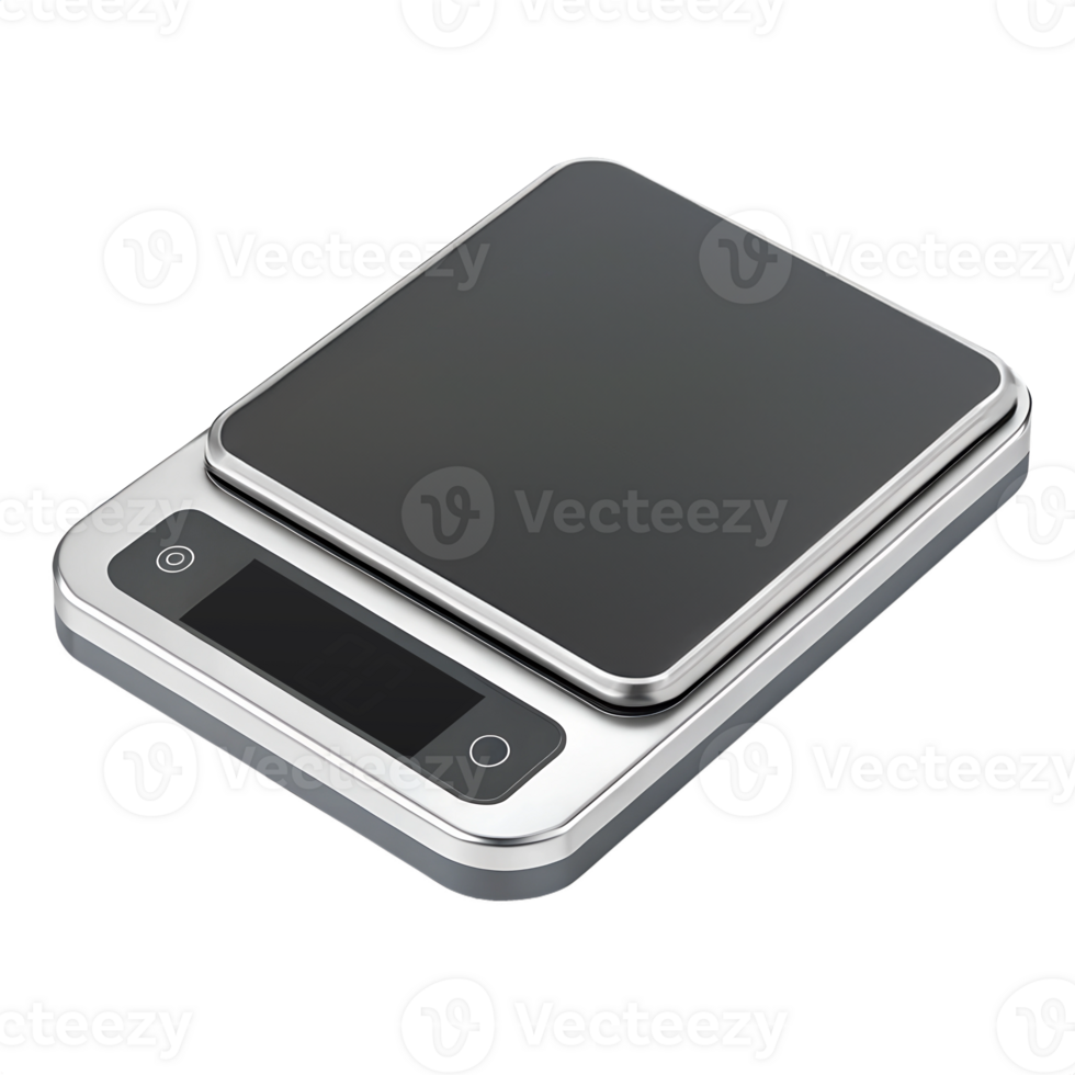 3d Isometric render style of A compact digital kitchen scale with a sleek silver platform and an LED display png