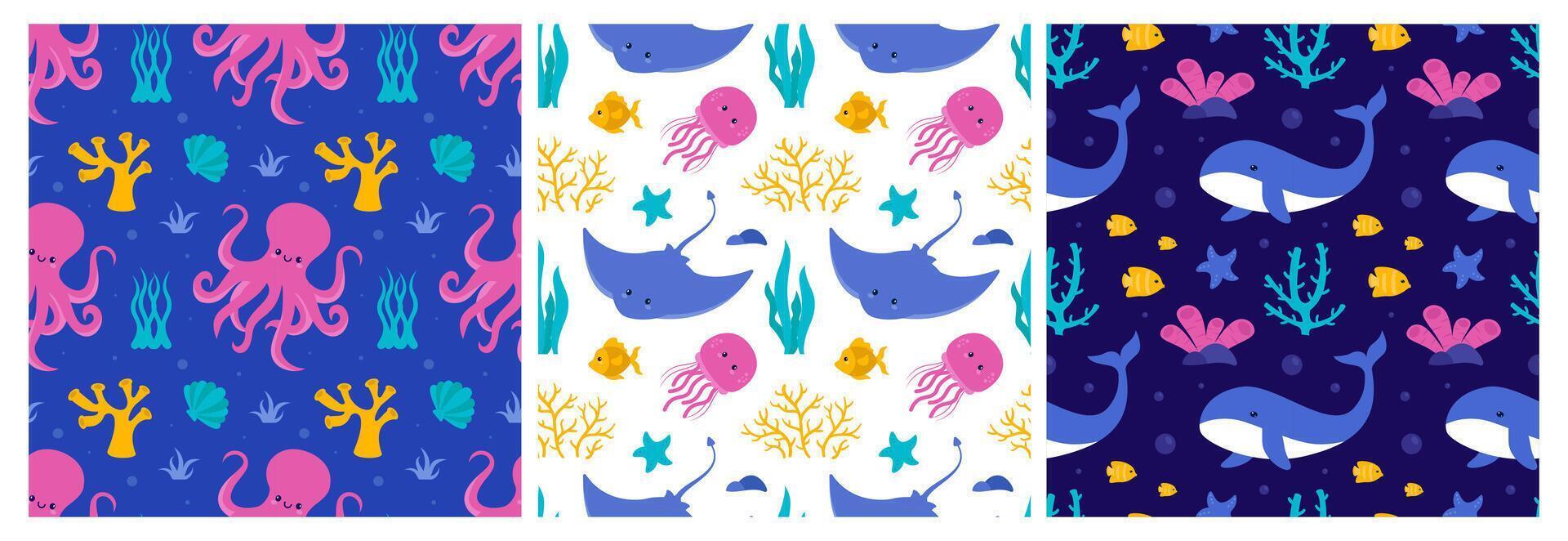 Ocean Seamless Pattern Template with Hand-Drawn Decorative Marine Elements vector