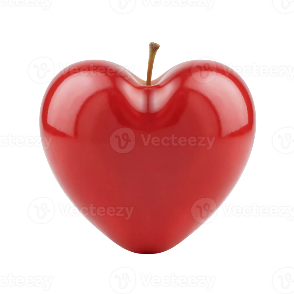 A shiny, red heart-shaped object resembling an apple, with a small brown stem at the top, isolated on a transparent background png