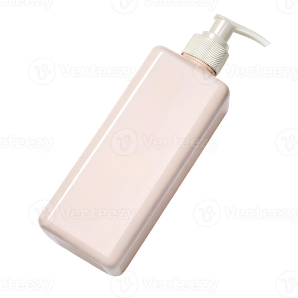 A sleek, rectangular shampoo bottle in a soft pink pastel color with a pump dispenser png