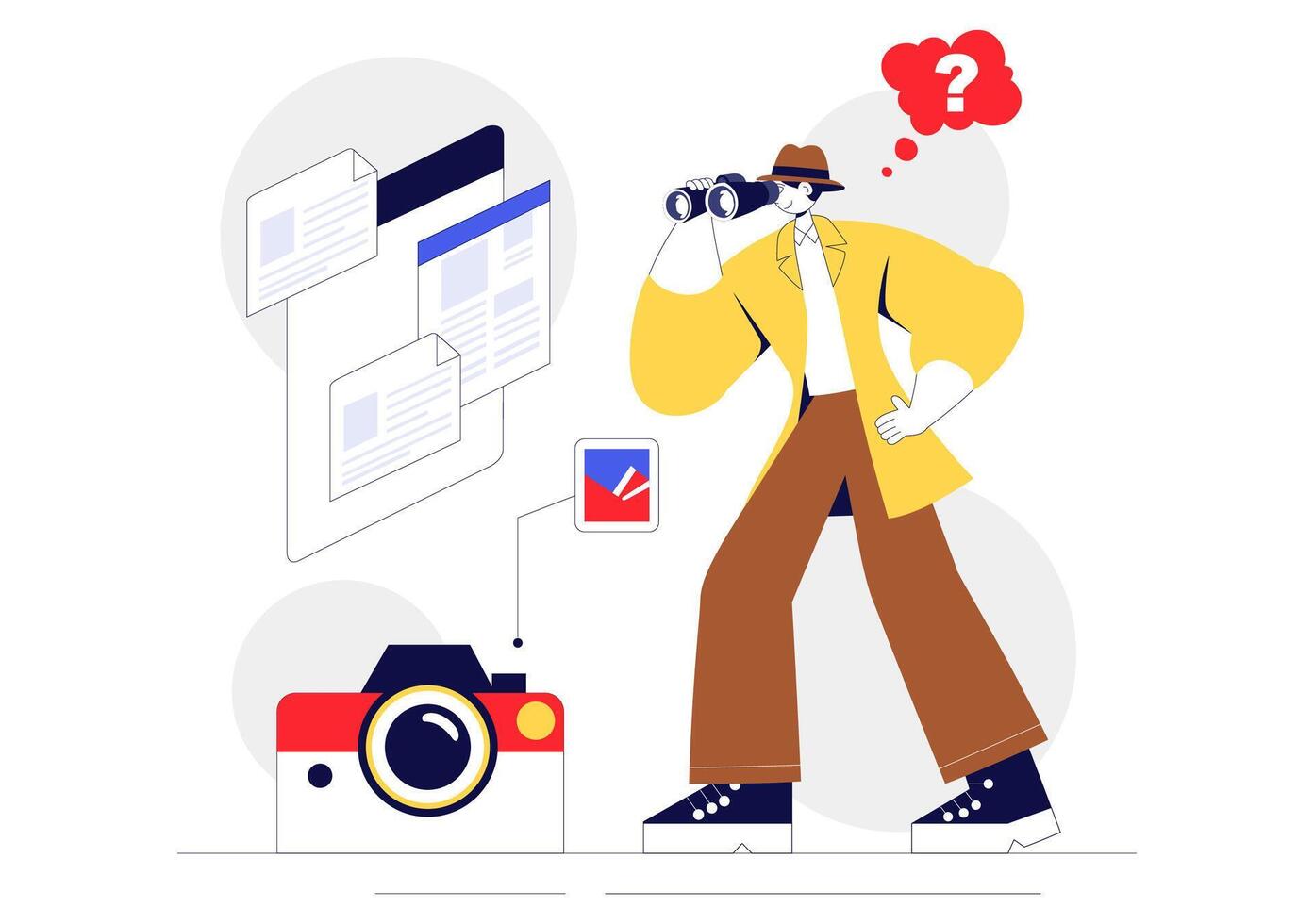 Private Detective Illustration Featuring Magnifier, Hat, and Surveillance Equipment vector