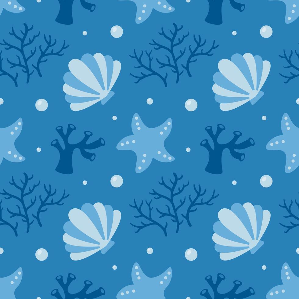 Decorative Ocean Seamless Pattern Featuring Marine Elements in Hand-Drawn Flat Style vector