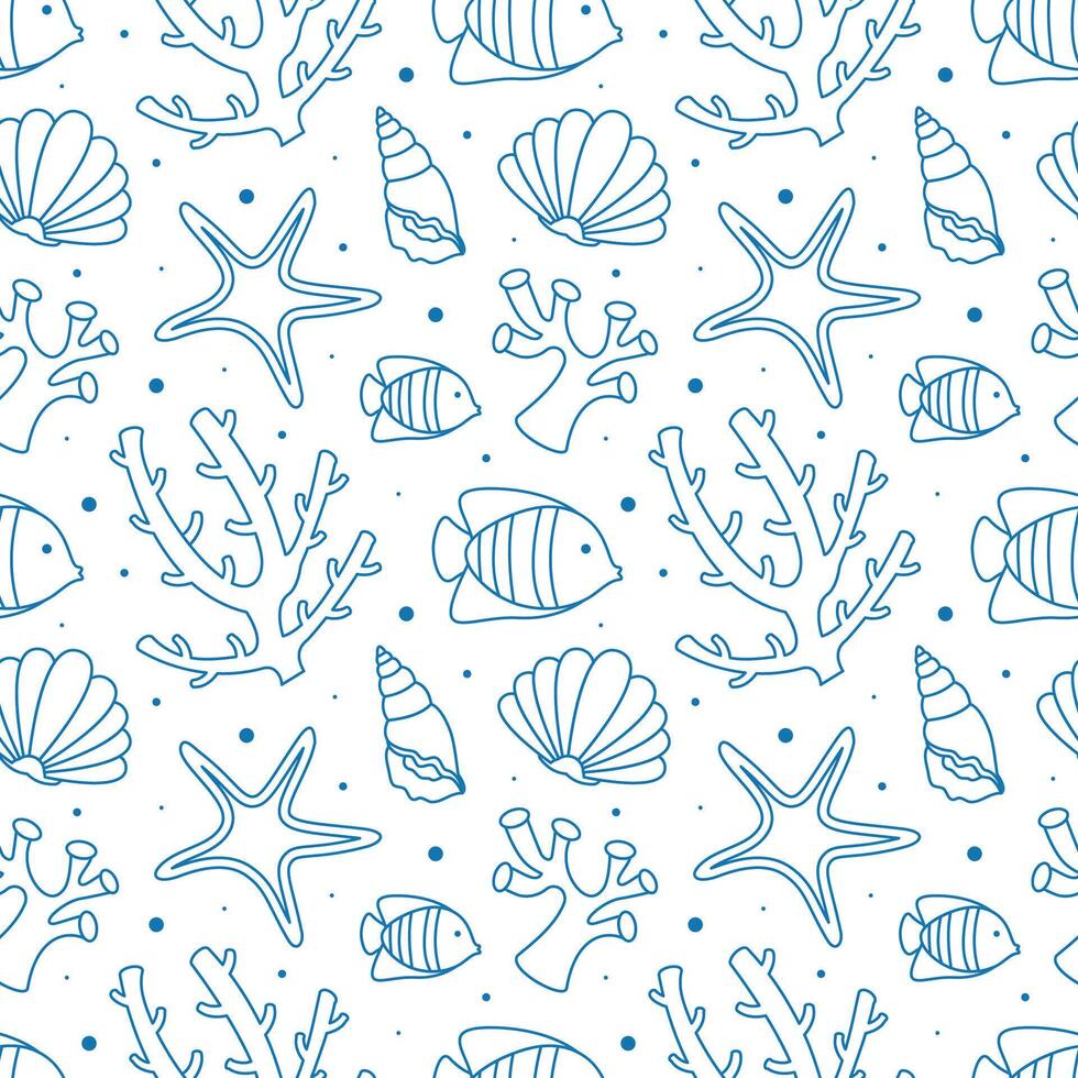 Marine-Themed Seamless Pattern with Hand-Drawn Ocean Elements in Flat Illustration vector