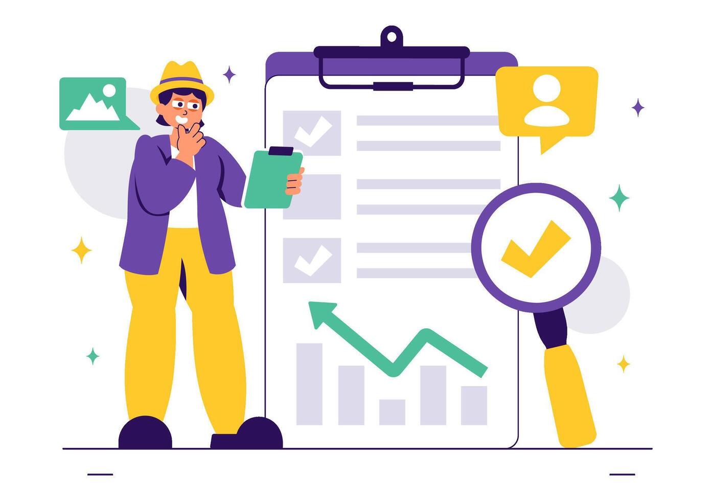 Corporate Inquiry Illustration with Observation, Analysis, and Future Research vector