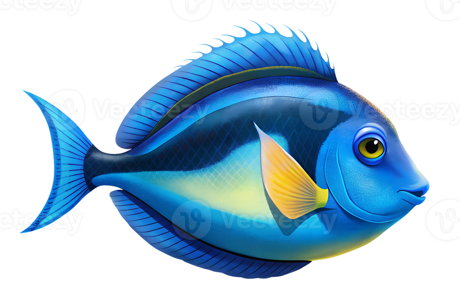 Illustration of Digital Painting, blue tang fish, Blue body, yellow belly isolated on transparent background png