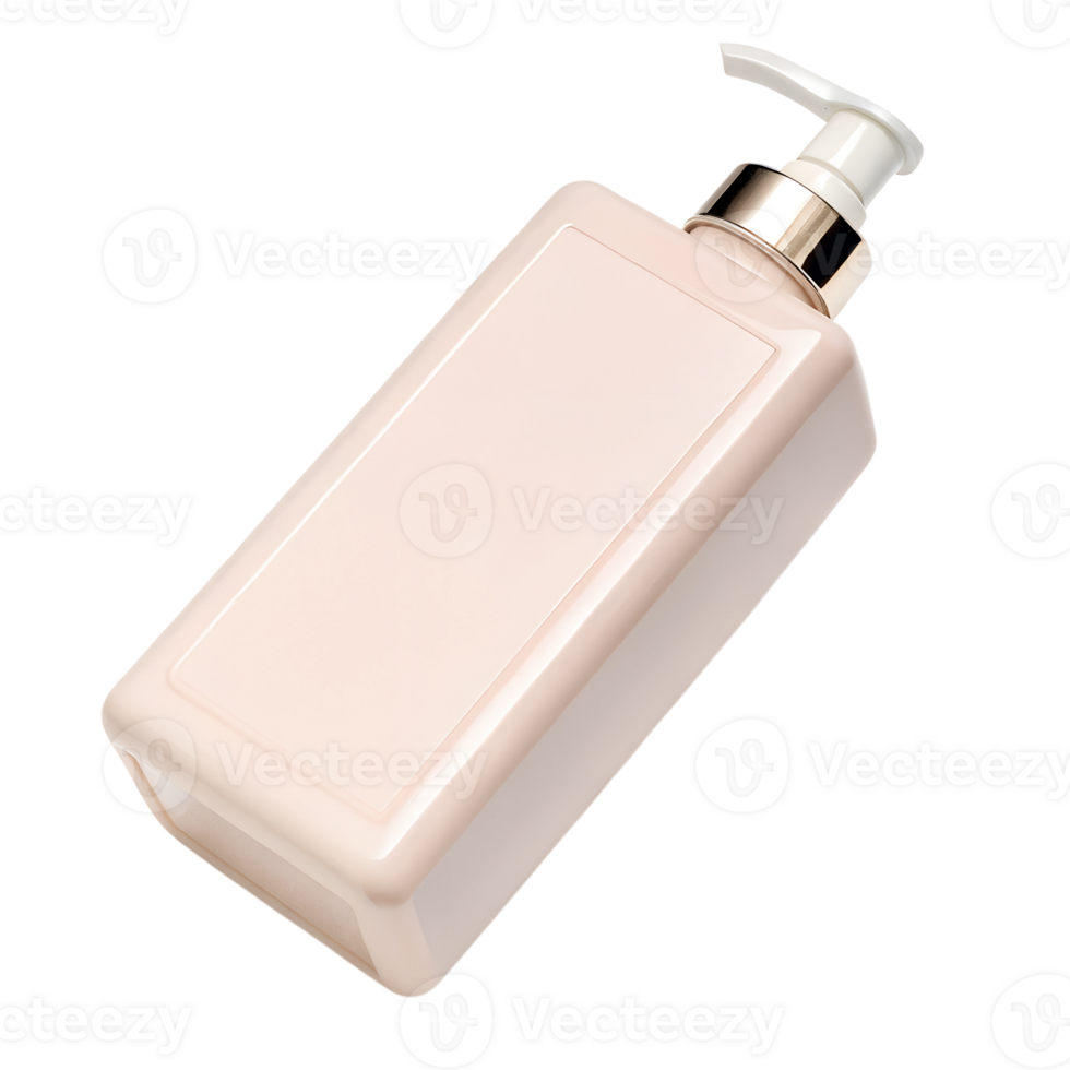 A sleek, rectangular shampoo bottle in a soft pink pastel color with a white and silver pump dispenser png