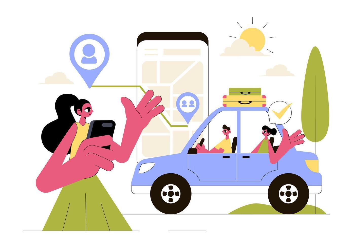 Modern Ride Sharing Illustration Showing Vehicles Used for Passenger Transport vector