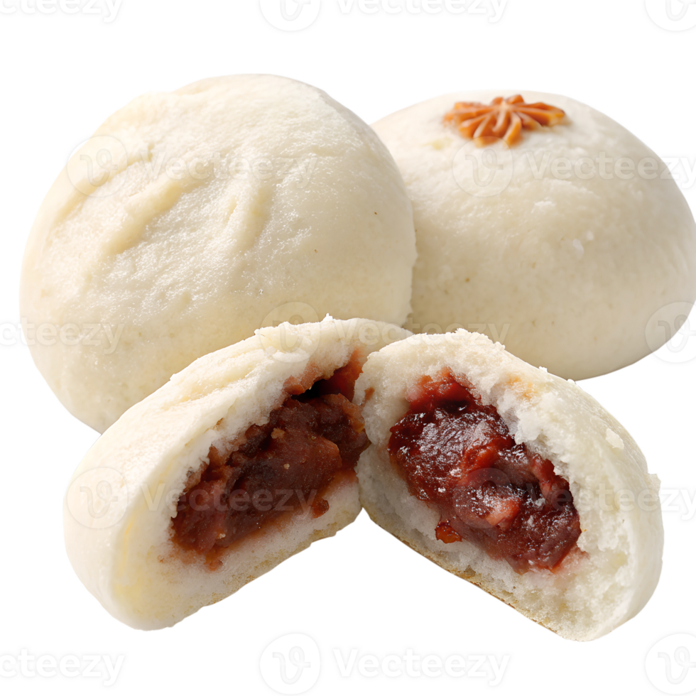 Hoppang, steamed bun, with visible red bean paste filling, isolated on transparent background png