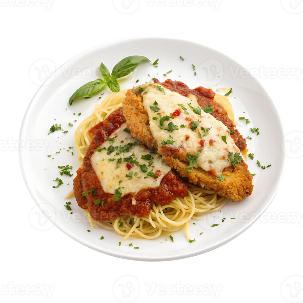 Top view of American breaded chicken cutlets topped with marinara and melted cheese. isolated on a transparent background png