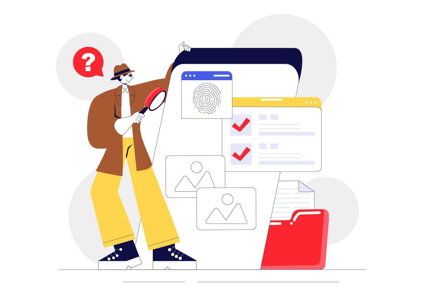 Private Detective Services Illustration Featuring Magnifier, Binoculars, and Camera vector