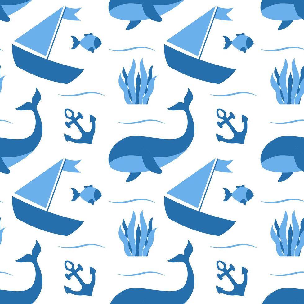 Seamless Pattern Design with Ocean-Themed Hand-Drawn Elements in Flat Cartoon Style vector