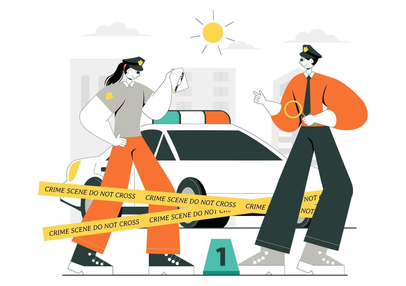 Illustration of Crime Scene Investigation with Law Enforcement Officers Gathering Evidence vector
