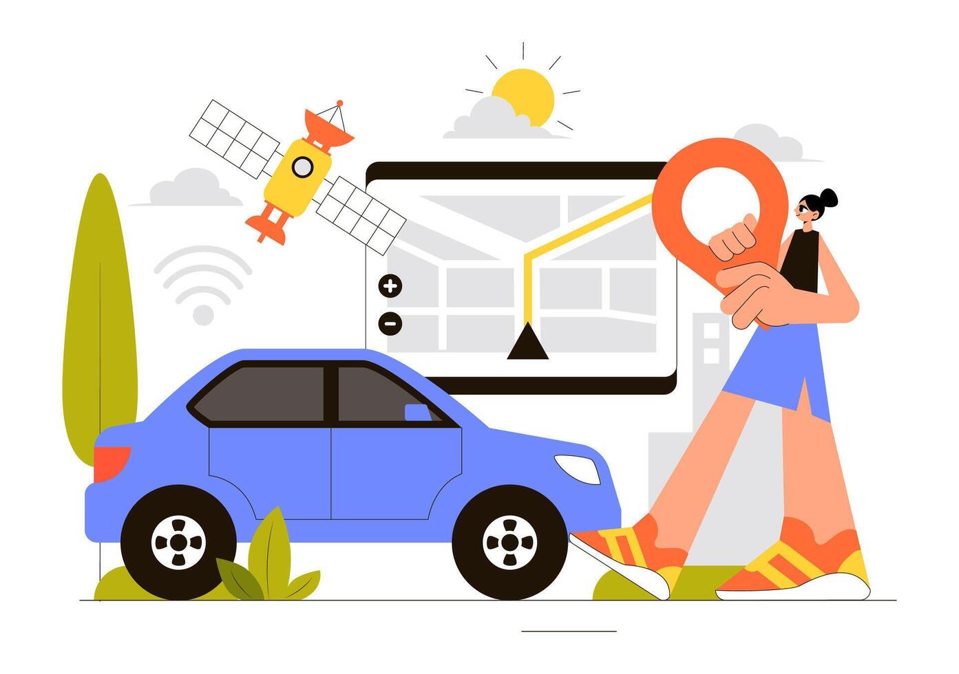 Logistics and Delivery Illustration Featuring Smart Vehicle Tracking and Workers vector