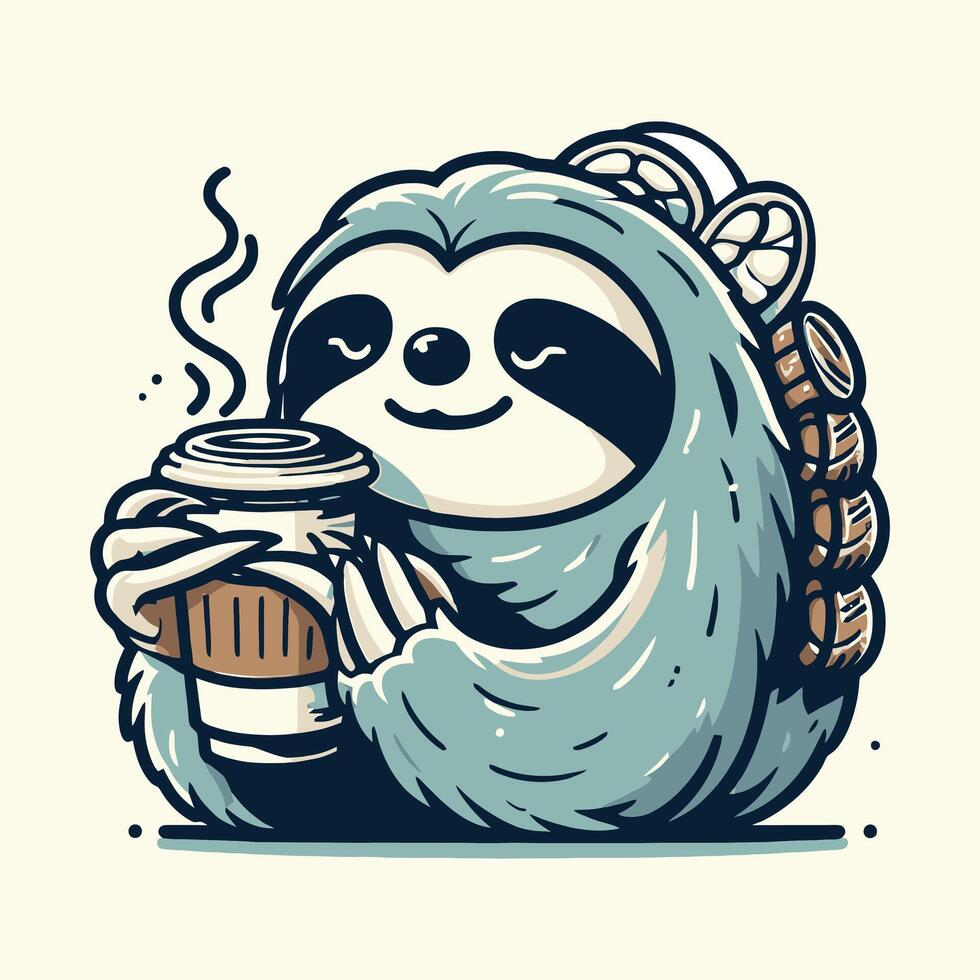 Coffee Lover Sloth Wrapped in Burrito Funny Lazy Animal Cute Cartoon Mascot Illustration vector