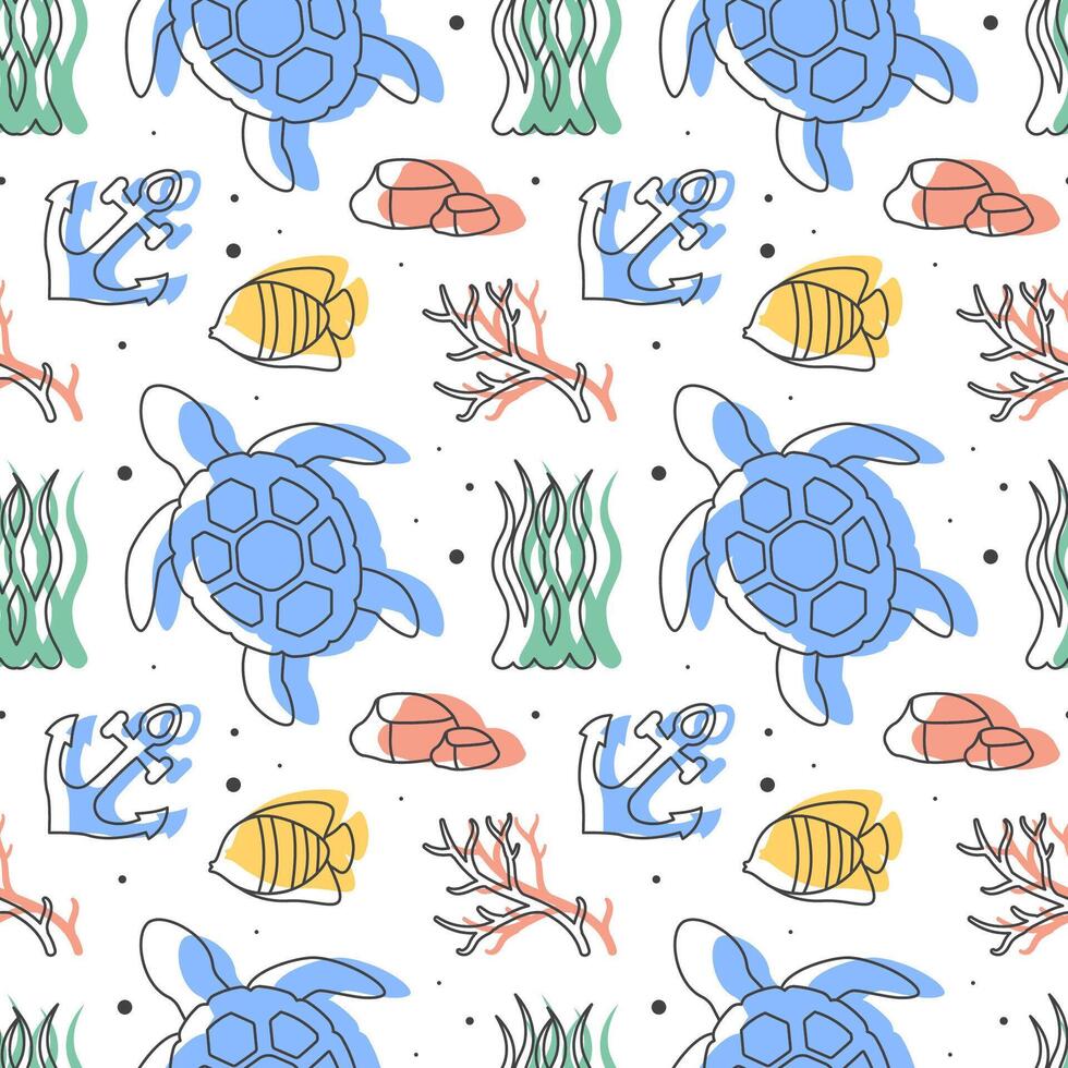Hand-Drawn Seamless Ocean Pattern Design with Cartoon Decorative Marine Elements vector