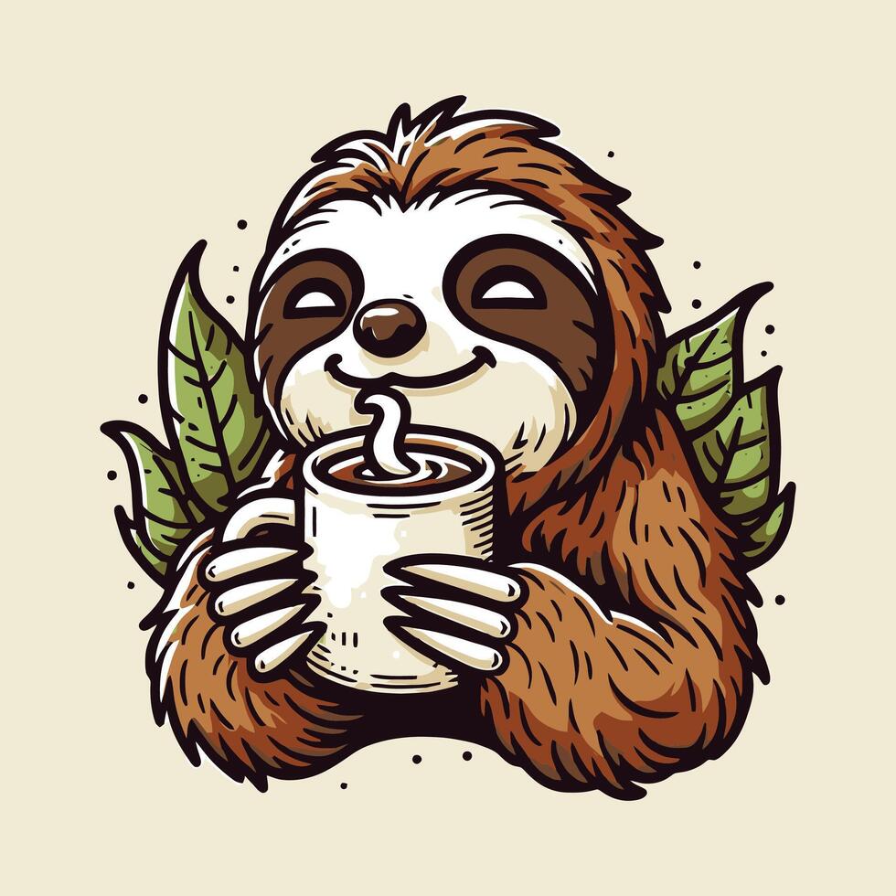 Zen Sloth with Tea Relaxed Tropical Animal Illustration Calm and Cozy Mascot Logo vector
