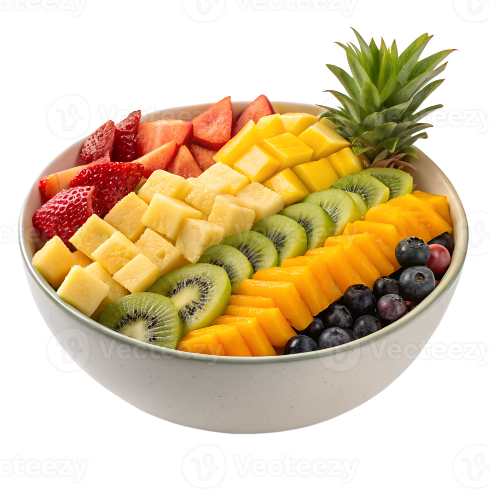 A large bowl of fruit salad with colorful tropical fruits arranged neatly, isolated on a transparent background png