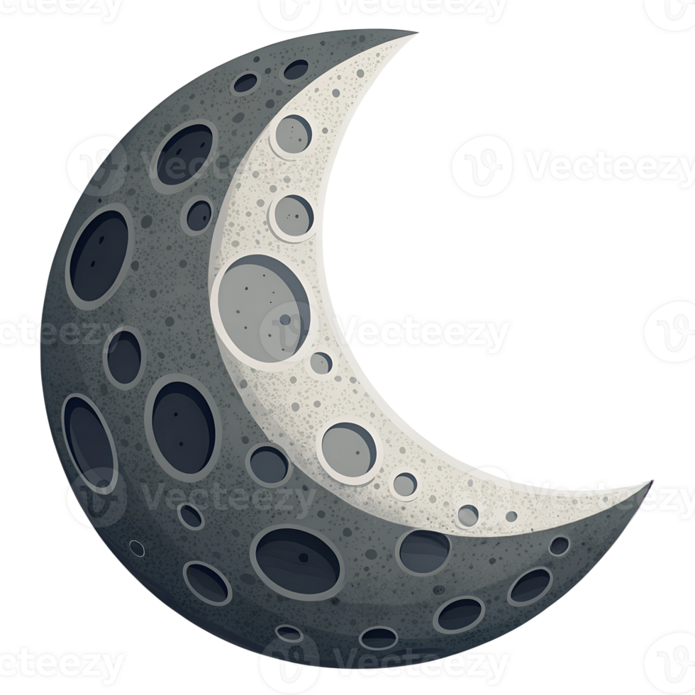 Illustration of Moon icon, crescent shape with gray craters, isolated on transparent background png