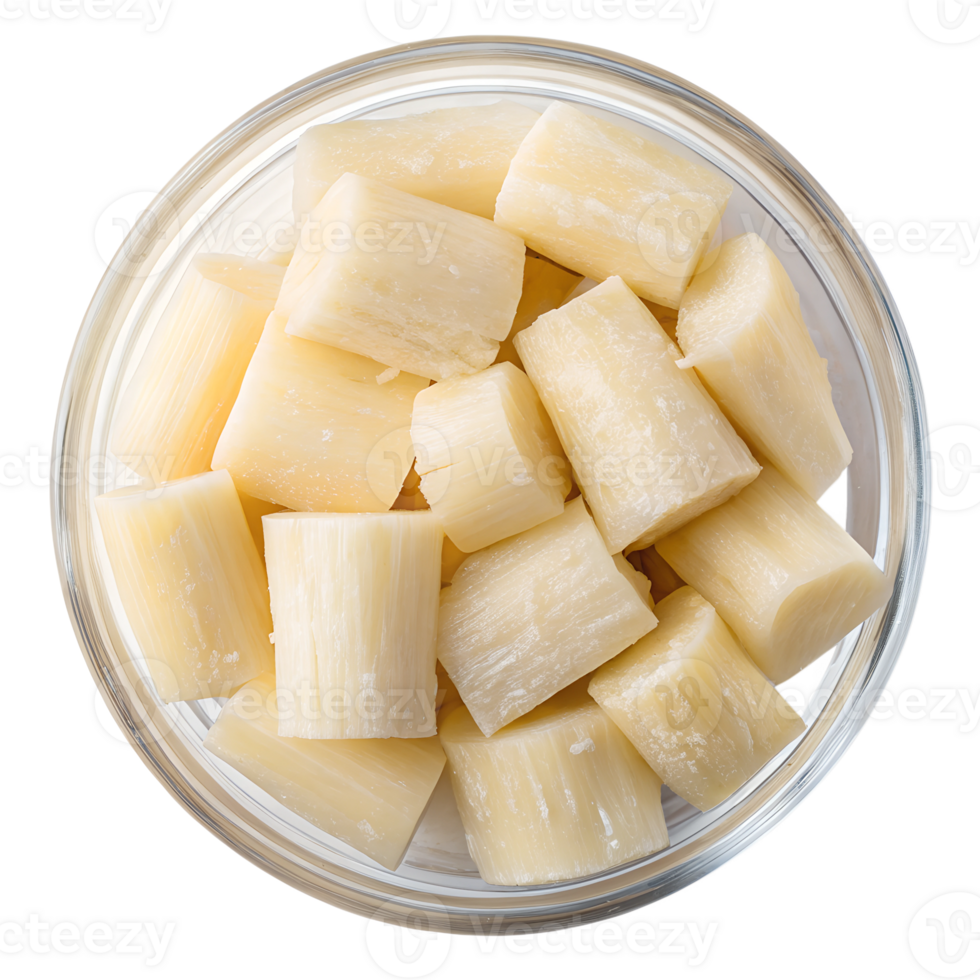 A top view clear glass Bowl of Yuca isolated on a transparent background png