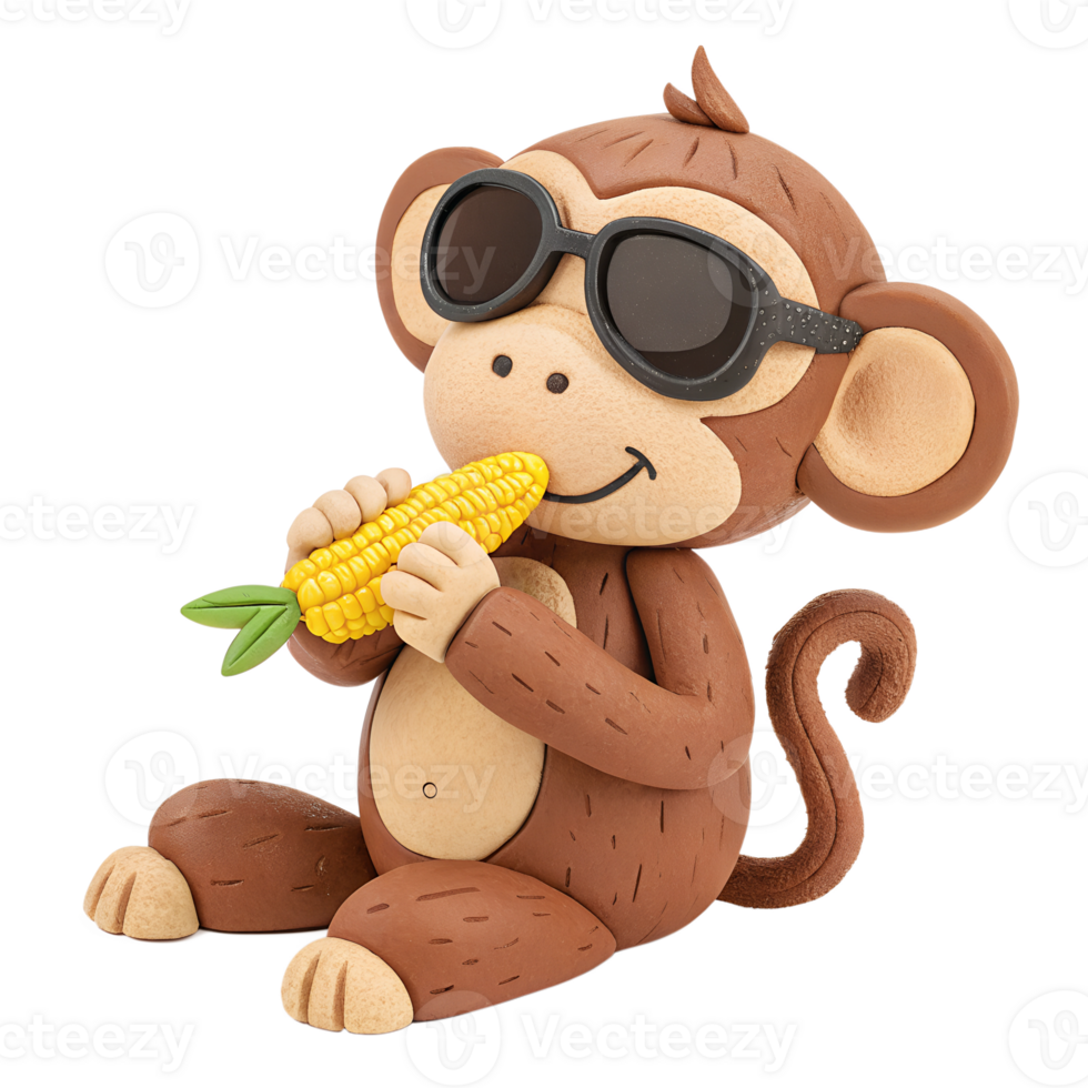 a clay Cute, A monkey wearing sunglasses is eating corn., isolated on a transparent background png