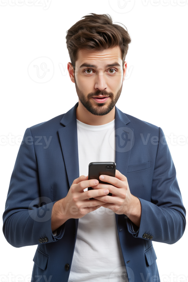 A man using a voice assistant on his smartphone, looking intrigued., isolated on a transparent background png