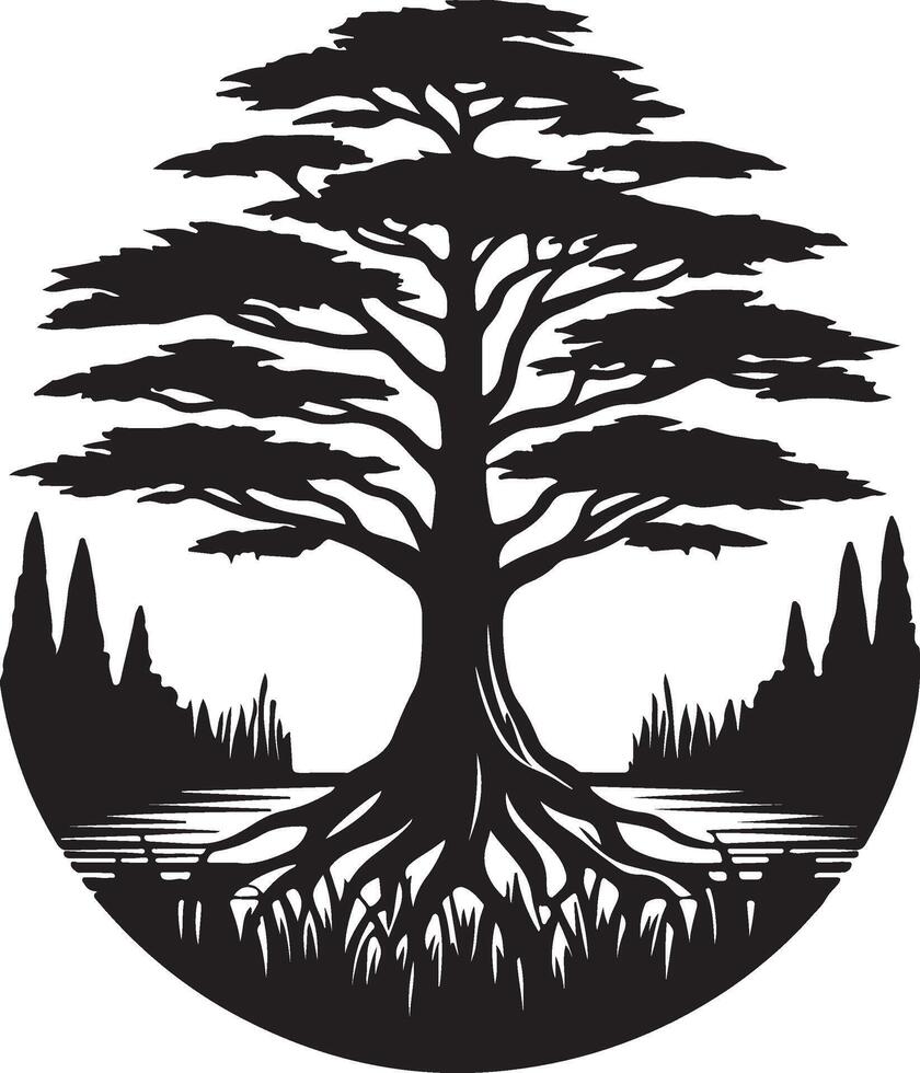 a black and white logo of a tree with roots vector
