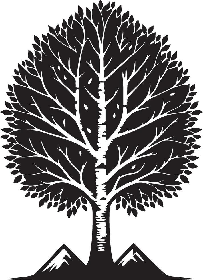 a black and white tree with leaves on it vector