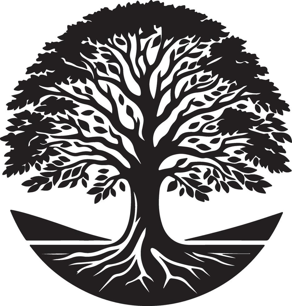 an oak tree with roots and leaves in the middle of a circle vector