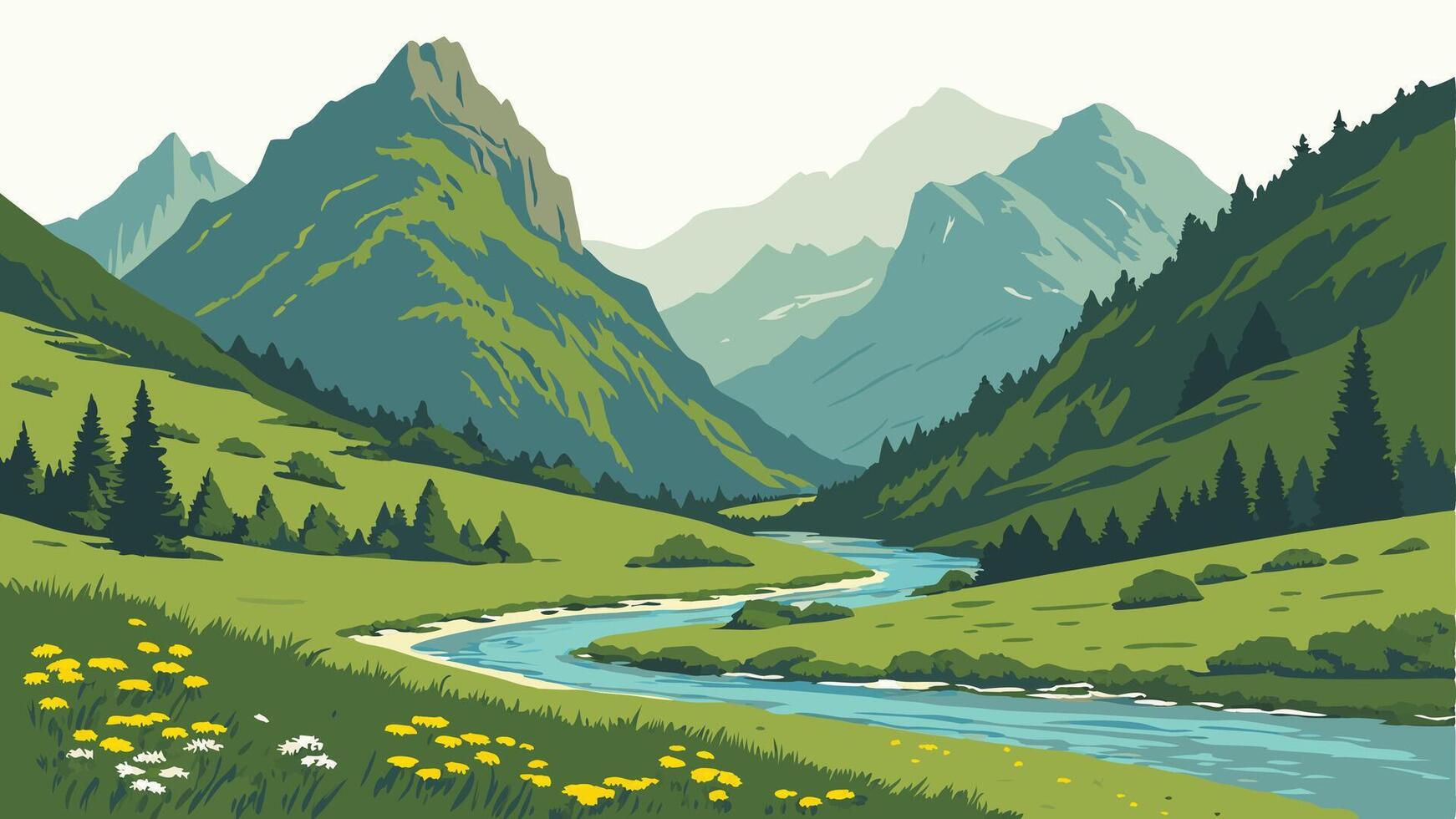 Mountain River Valley - Lush Green Peaks and Scenic Wilderness vector