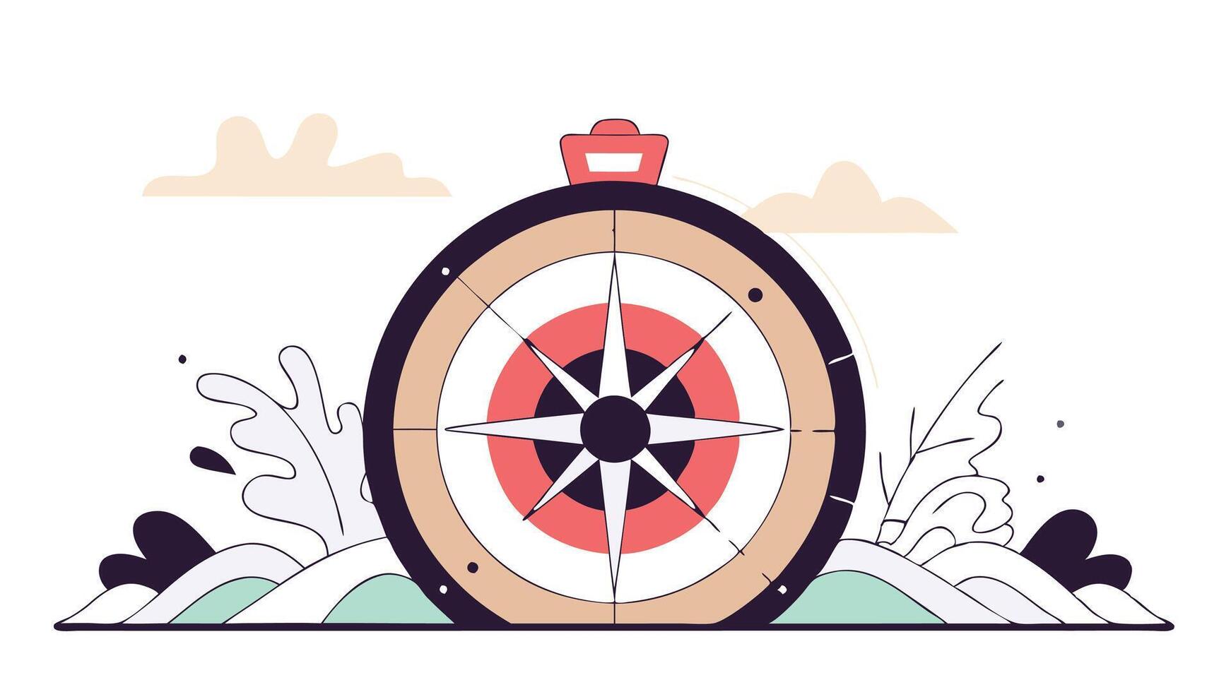 Stylized Flat Round Illustration of a Nautical Compass with Ocean Waves in Minimalist Design vector