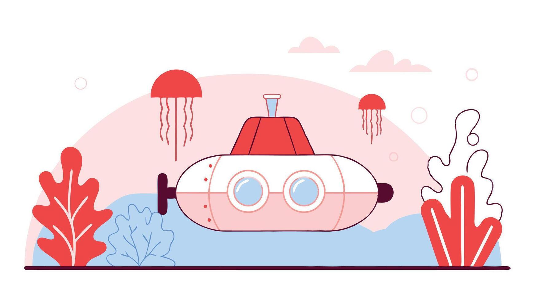Round Flat Nautical Art of a Submarine Exploring the Deep Sea with Glowing Jellyfish vector