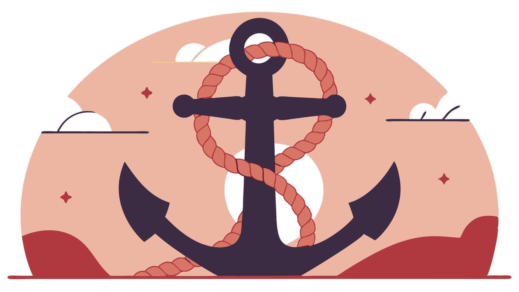 Modern Flat Round Nautical Illustration of an Anchor with Ropes on a Minimalist Ocean Background vector