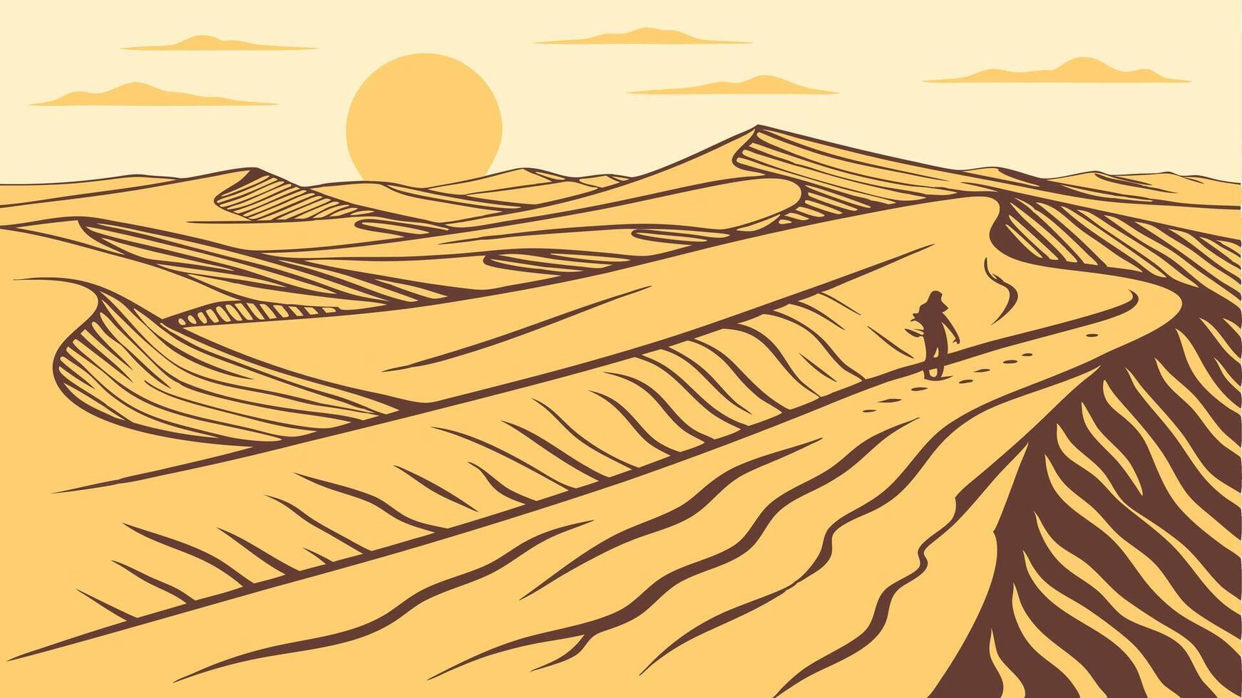 Desert Landscape with Rolling Sand Dunes, Setting Sun, and Lone Traveler in a Minimalist Vintage Illustration vector