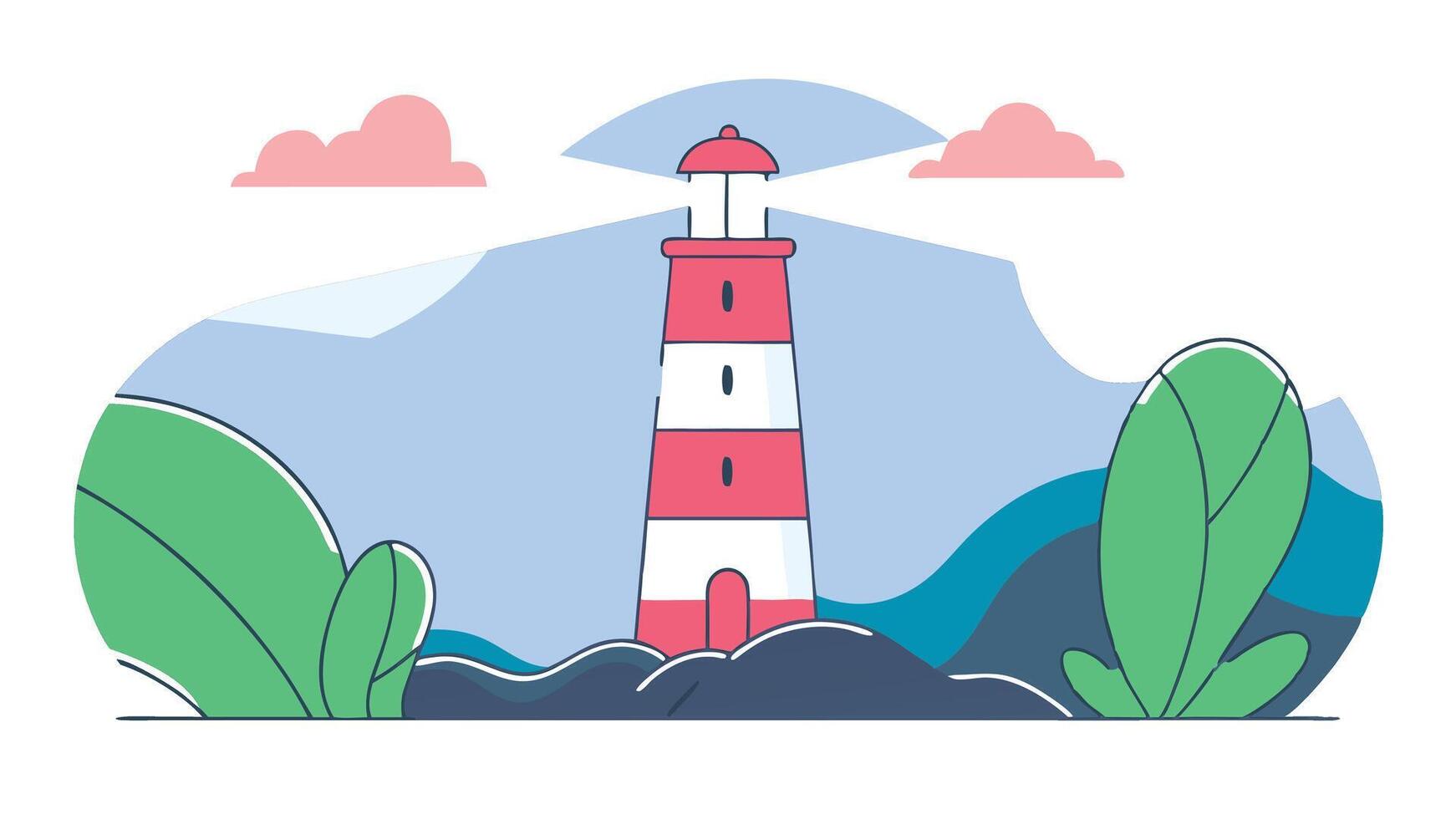 Flat Round Nautical Icon of a Lighthouse Glowing in the Night Ocean vector