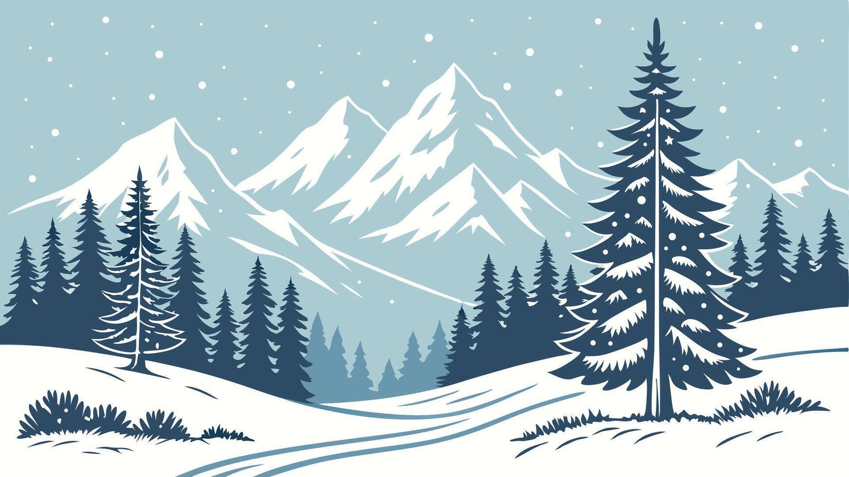 Minimalist Winter Landscape with Snowy Mountains, Pine Trees, and Falling Snow in a Serene Nature Scene vector