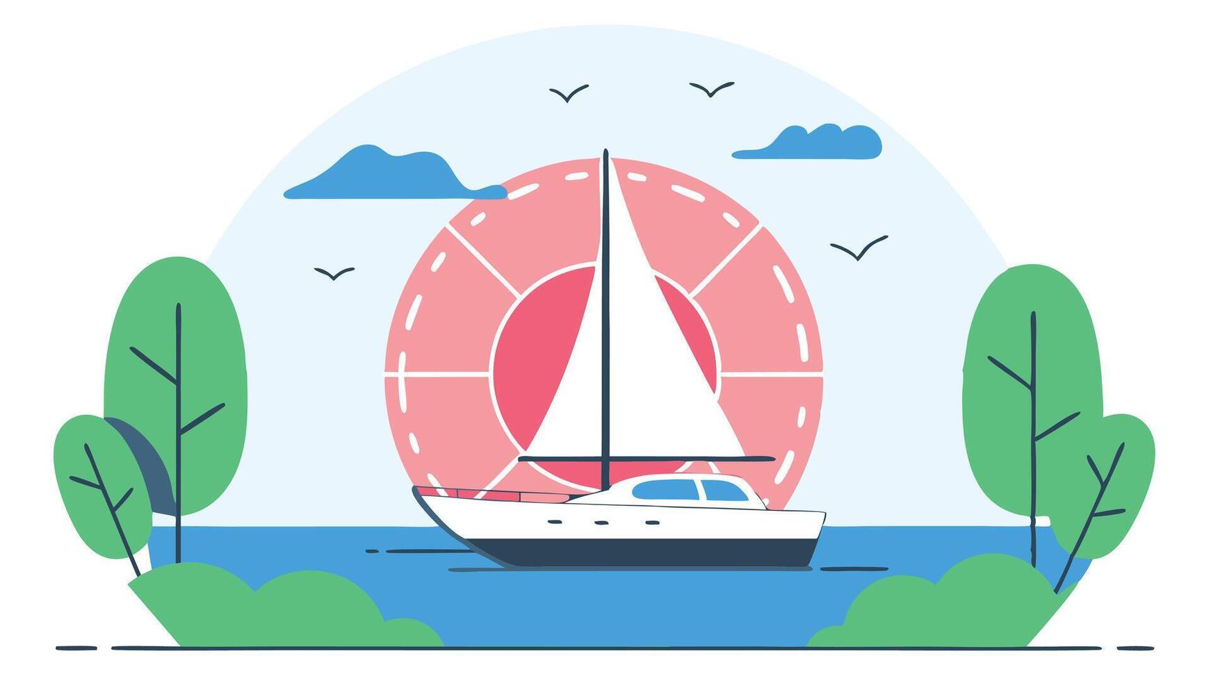 Minimalist Nautical Flat Round Illustration of a Sailing Boat on a Calm Sea at Sunset vector
