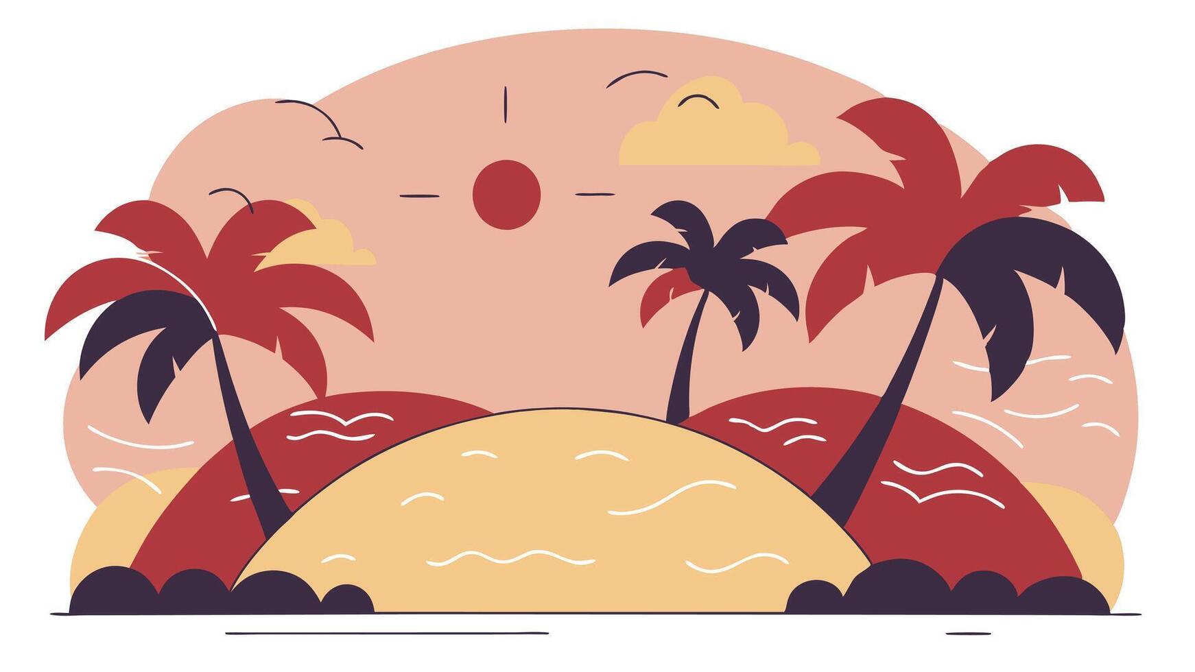 Nautical Flat Round Artwork of a Tropical Island with Palm Trees, Waves, and Sunset vector