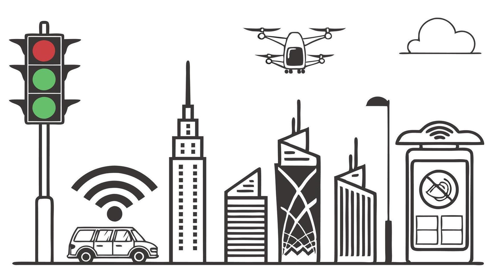 flat icons silhouettes of AI smart cities featuring drone deliveries and green parks for sustainable urban development vector