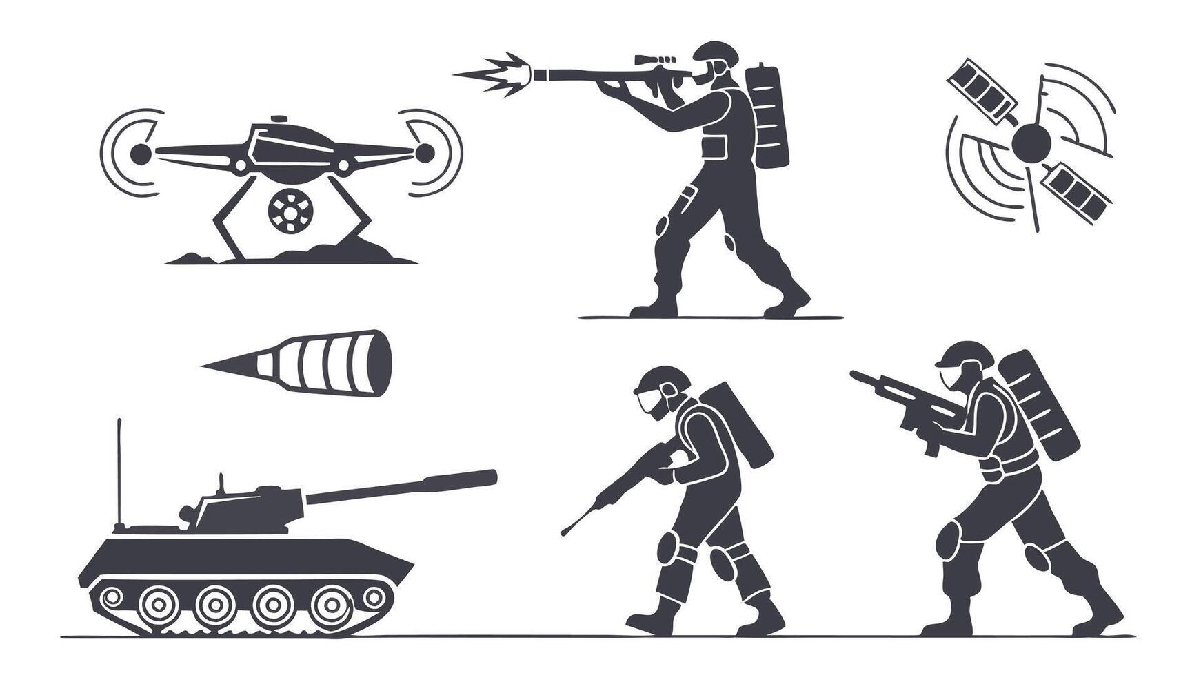 flat icons silhouettes depicting futuristic weapons like laser cannons and combat drones. vector