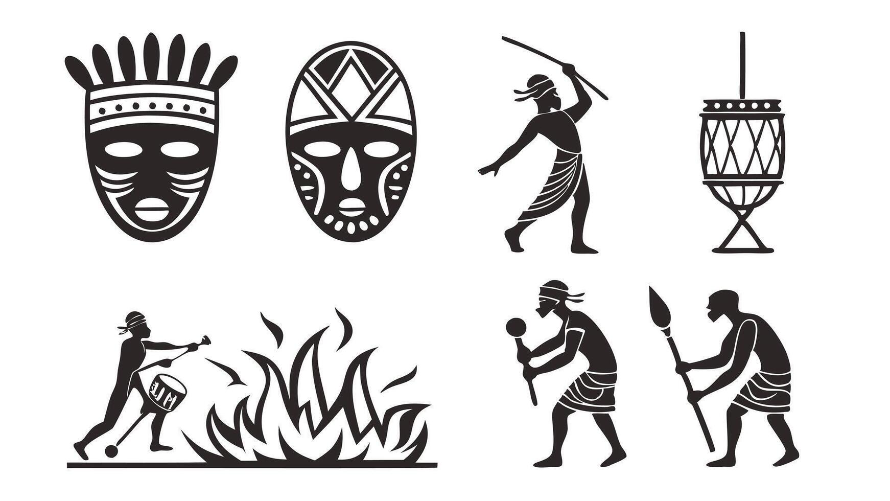 flat icons silhouettes of ancient festivals featuring masks, rituals, and bonfires for cultural heritage themes vector