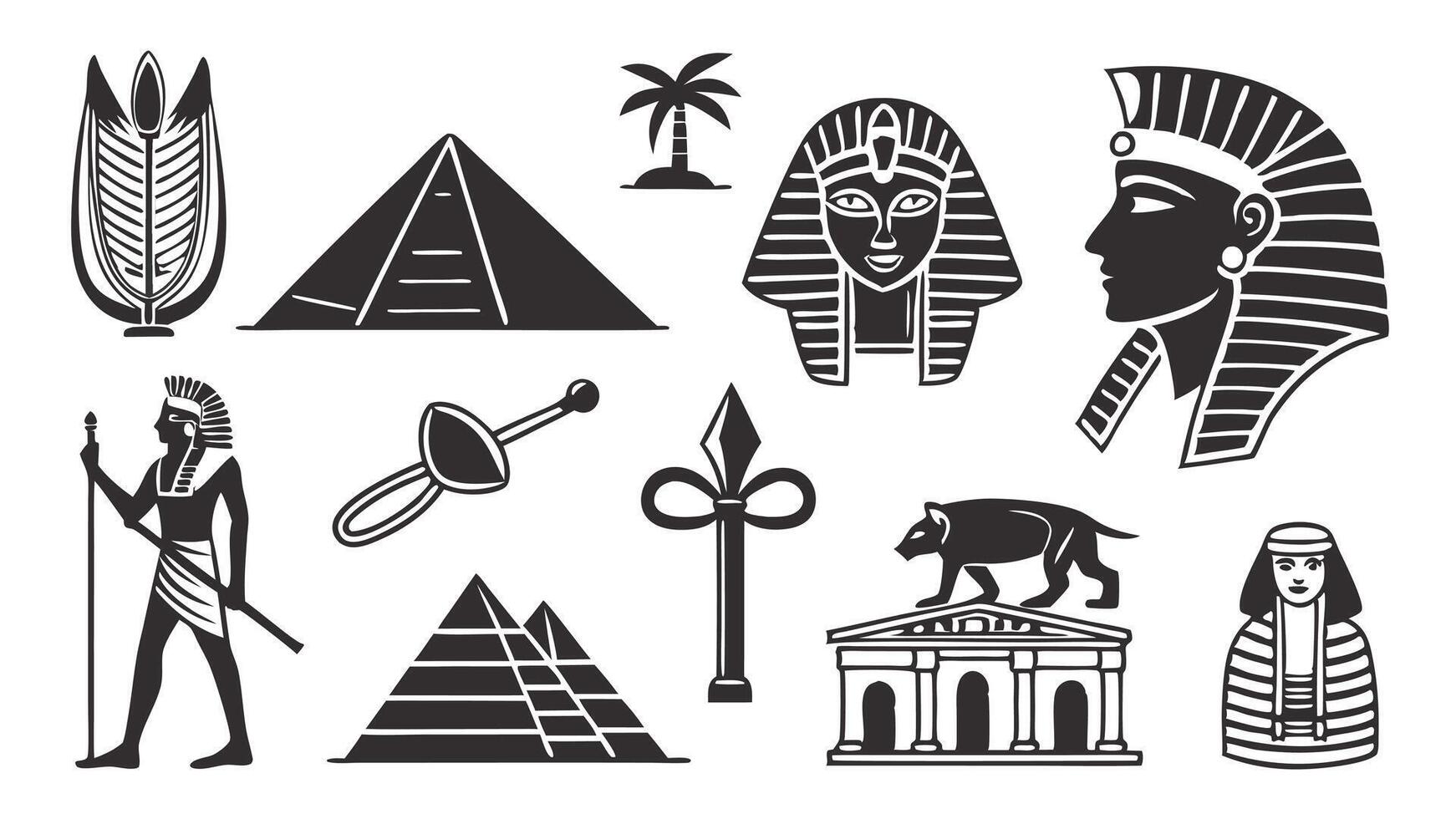 icons featuring ancient Egypt symbols, including pyramids, hieroglyphs, pharaohs, and the Sphinx. vector