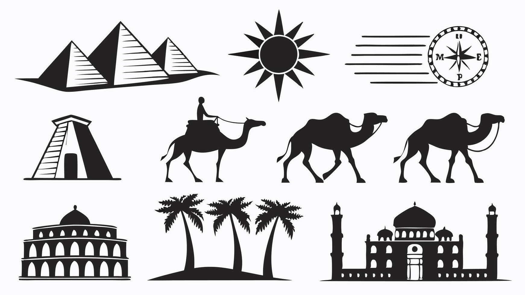 flat icons silhouettes of ancient desert civilizations, pyramids, and caravans for historical themes vector