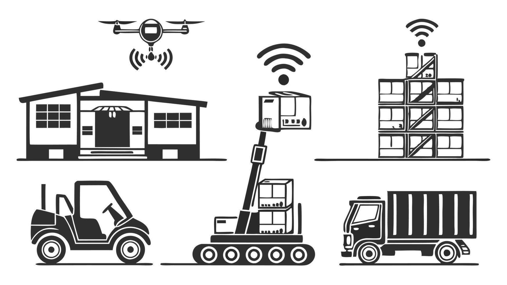 flat icons silhouettes of AI logistics, autonomous trucks, and delivery drones for futuristic supply chains vector