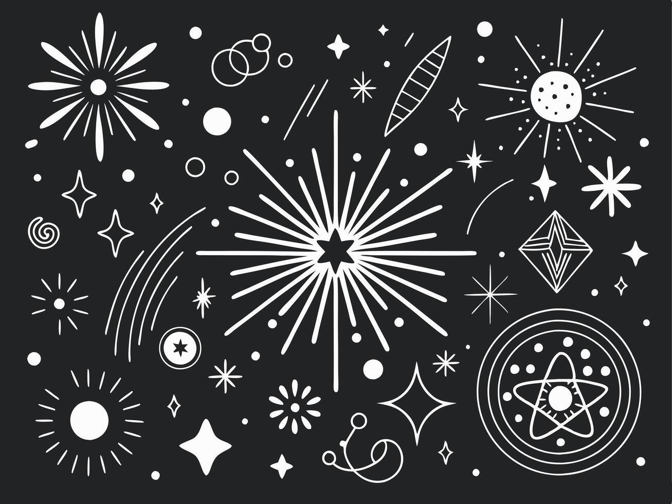 creative pack of doodle sparkles, glowing elements, and radiant geometric designs in flat monochrome. vector