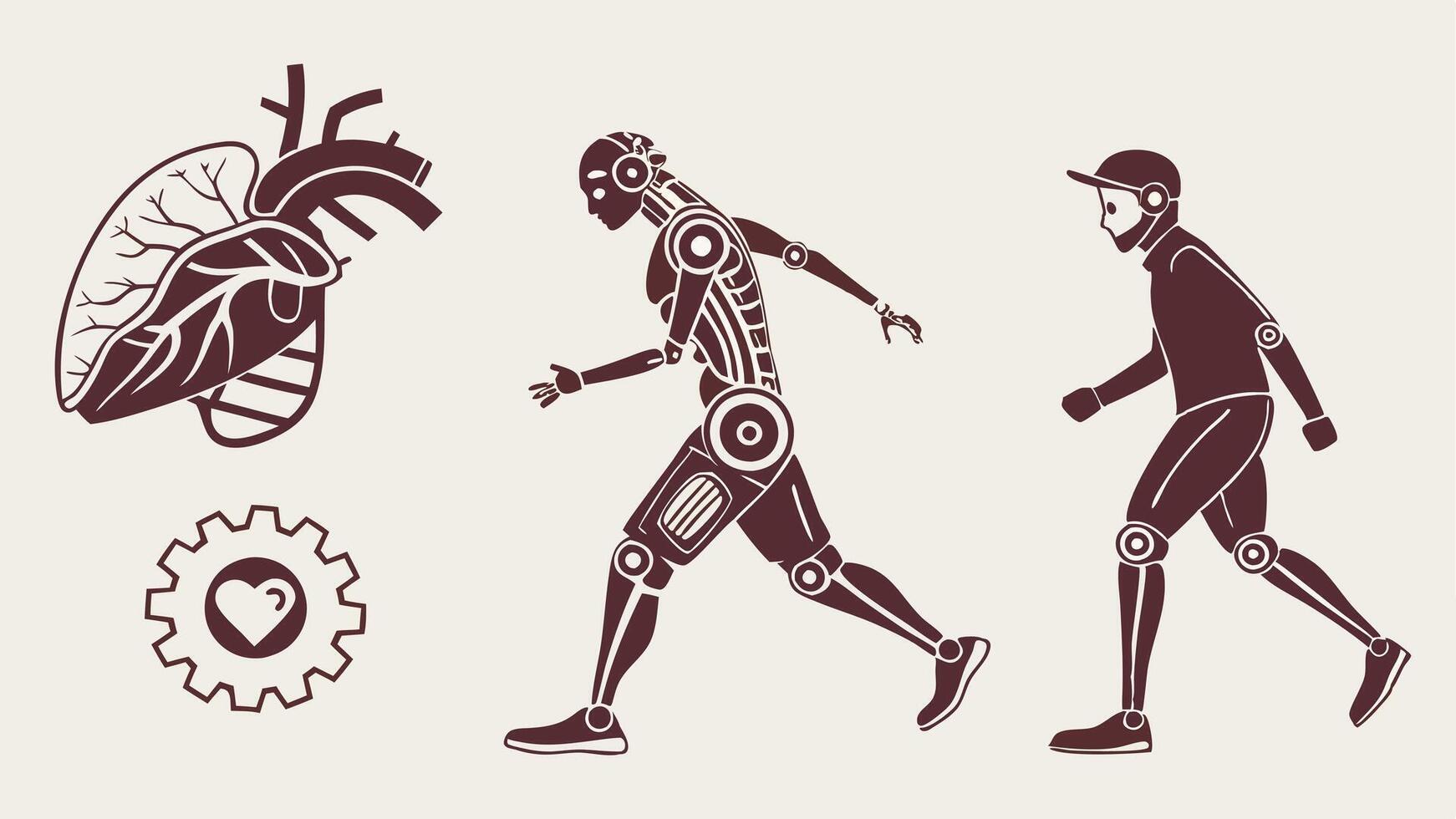 Futuristic Human Evolution Concept with Cybernetic Robot, Artificial Heart, and Technological Advancement vector