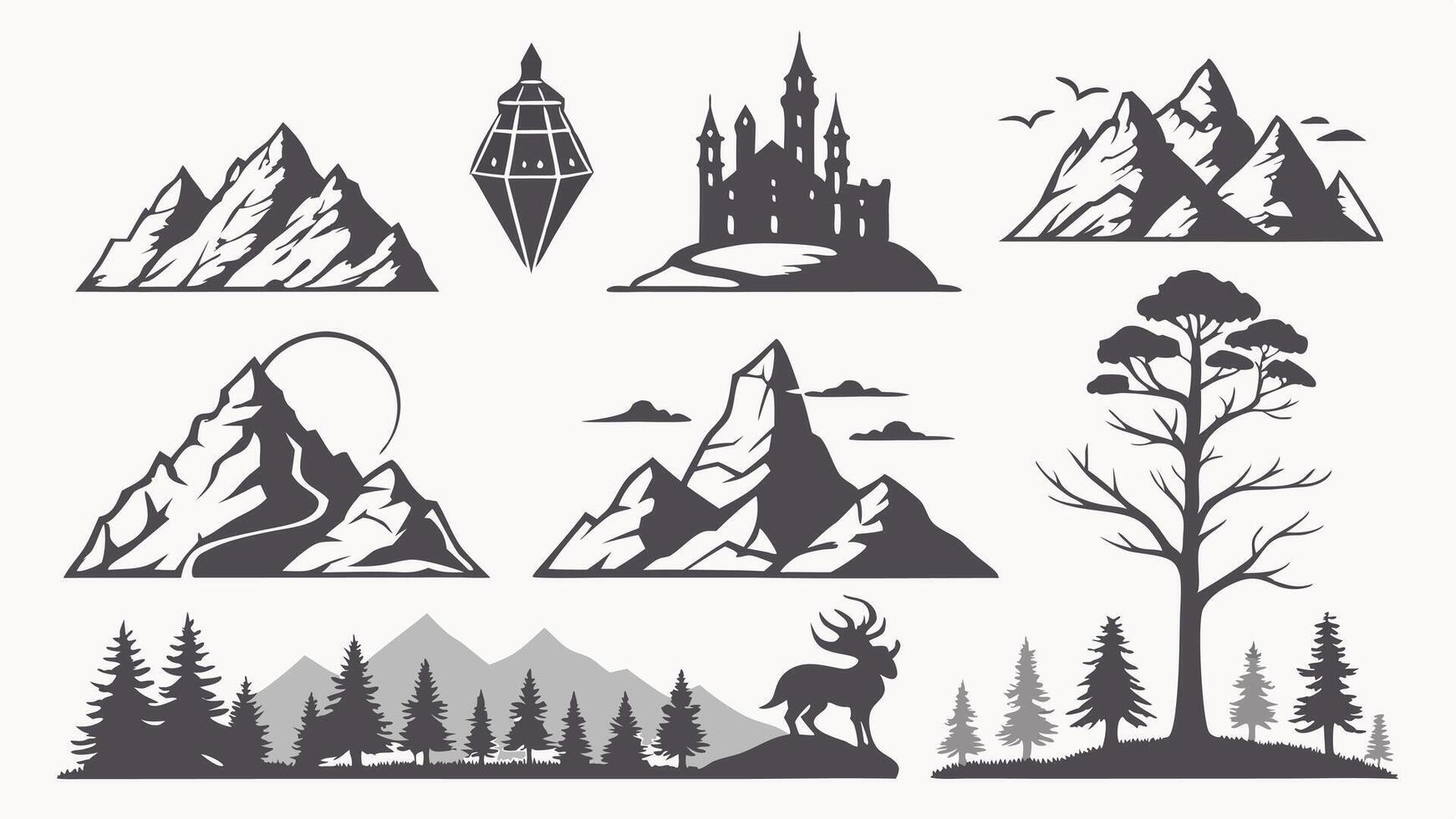 flat icons silhouettes illustrating mystical mountain ranges, temples, and glowing crystals. vector
